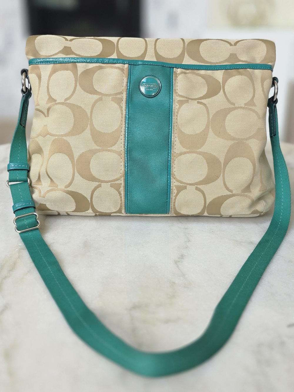 Coach Signature Stripe Foldover Tote F23304 Khaki Jade Teal Crossbody